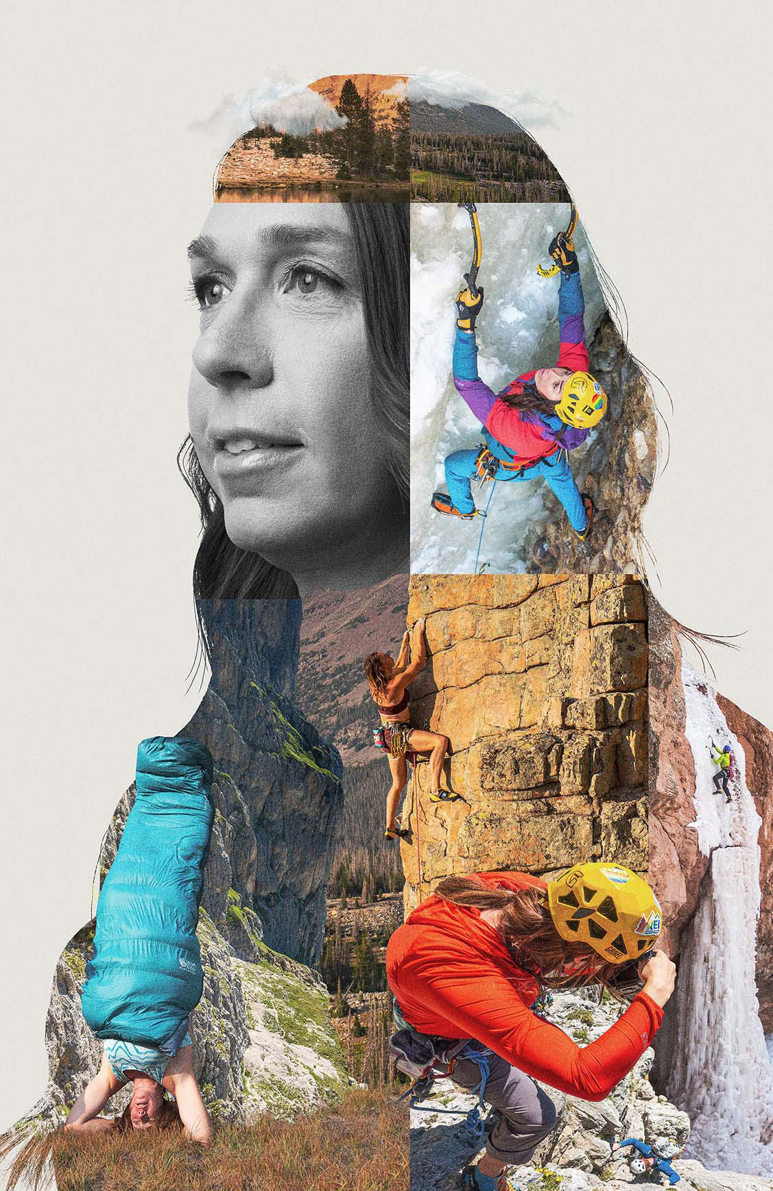 portrait of Nikki Smith with compilation of images of Nikki rock and ice climbing, doing a handstand and taking photos at a climb event