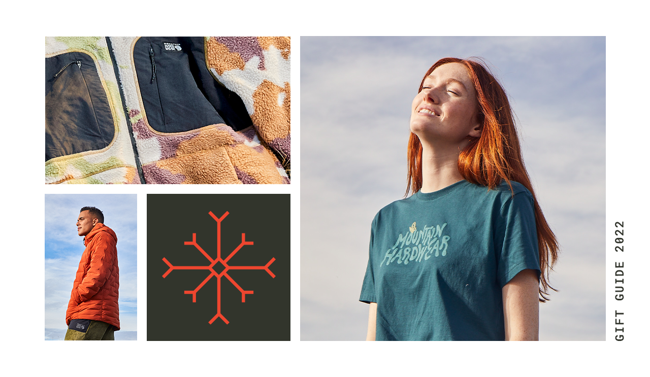 Collage of detail shot of a HiCamp Fleece Hoody, Snowflake Icon on dark background, portrait of Cole wearing a Stretchdown Hoody, and portrait of Sarah in a crop top. 2022 Gift Guide written on the side of collage.