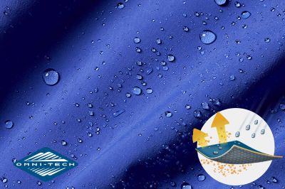 Close up of fabric with the Omni Tech logo in the bottom left and a graphic showing how moisture beads on the fabric's surface.