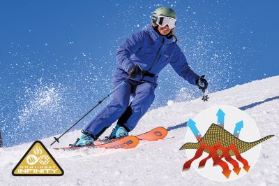 Model in a snowy scene in a jacket featuring Omni Heat Infinity and the Omni Heat Infinity tech badge in bottom left.