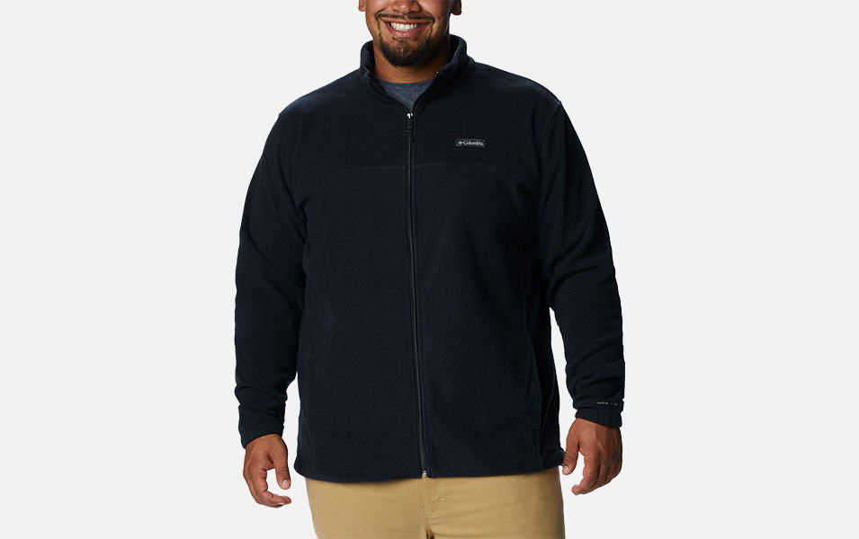 A product image of a man wearing Columbia Sportswear’s Overlook Trail Full Zip Jacket against a white background. 