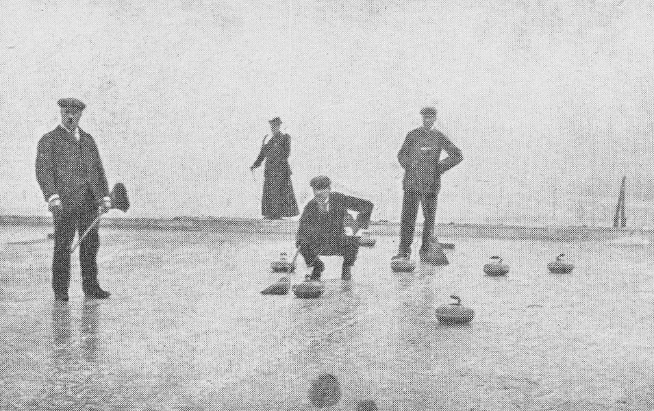 Old black and white photo of people curling. 