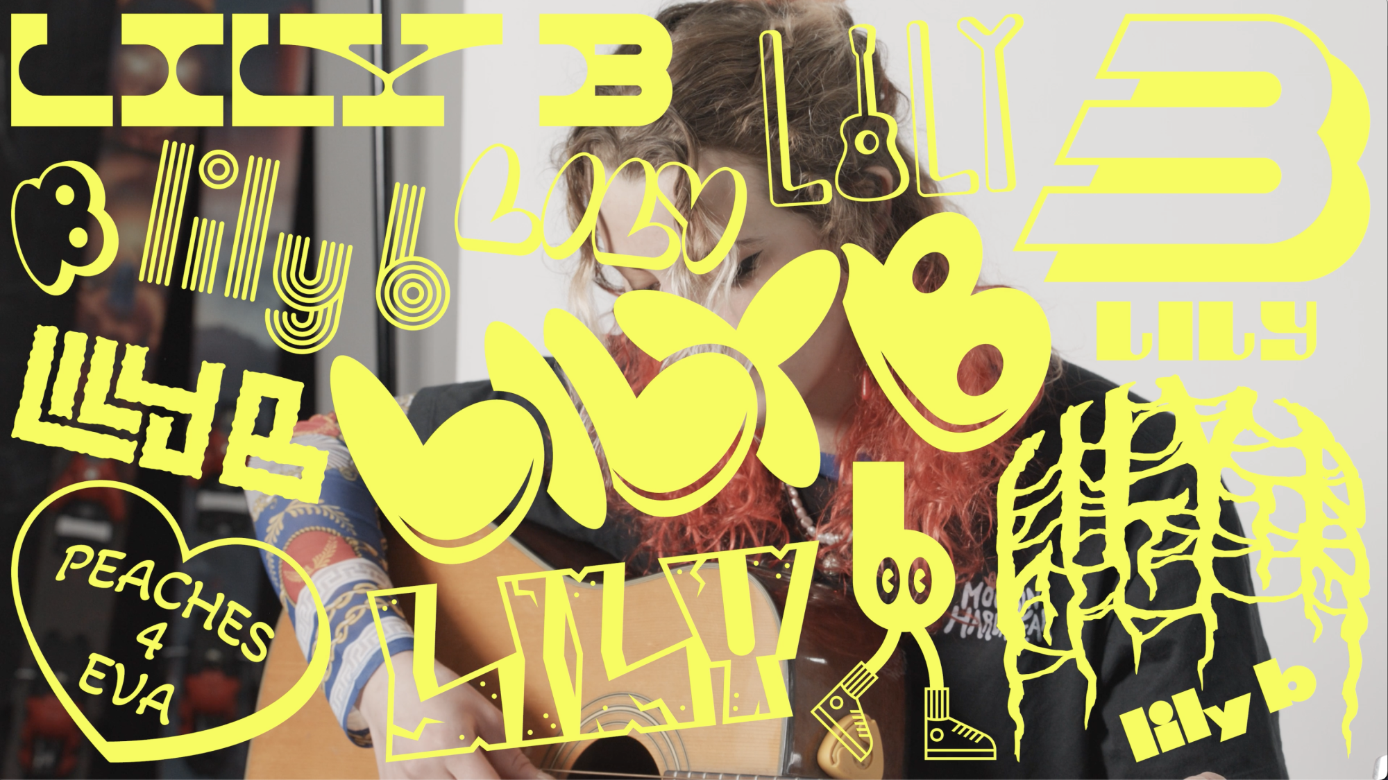 'Lily B' & 'Liy" are written all over an image of MHW athlete Lily Bradley in different lettering and script in yellow.