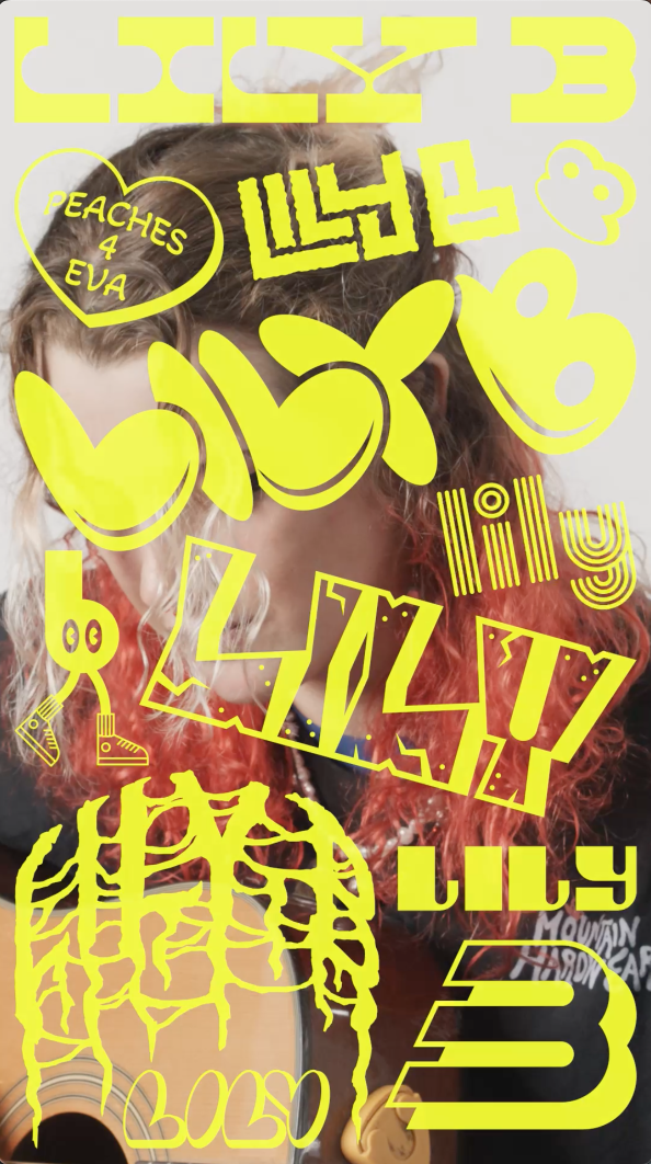 'Lily B' & 'Liy" are written all over an image of MHW athlete Lily Bradley in different lettering and script in yellow.