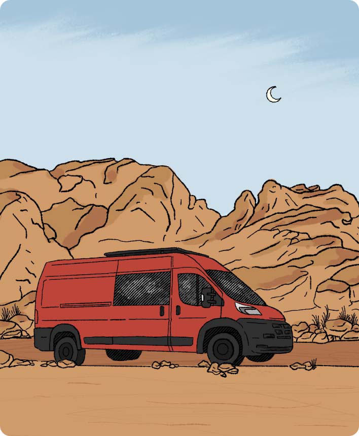 van illustration by desert background with moon in background