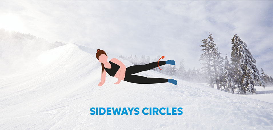 Illustration of woman during leg sideways circles overlaid on snowy background. 
