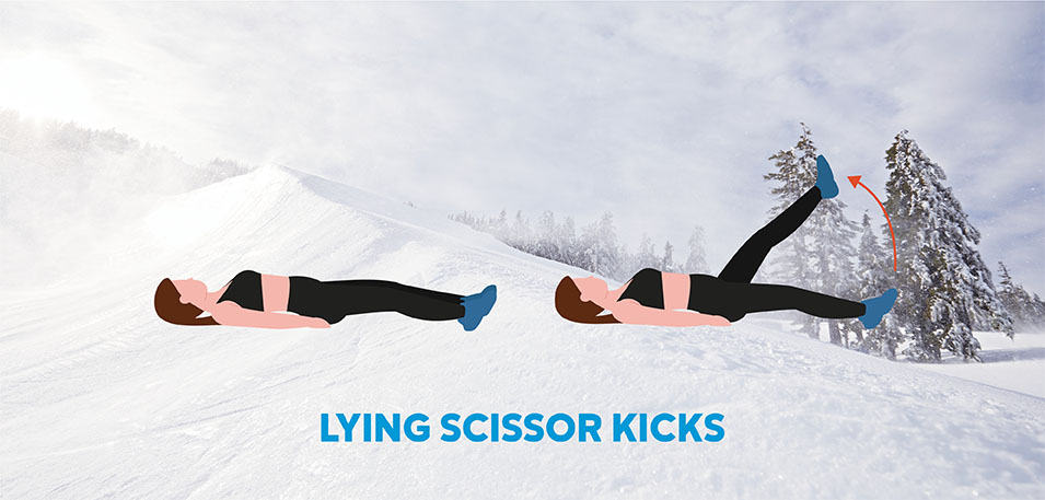 Illustration of woman doing lying scissor kicks overlaid on snowy background. 