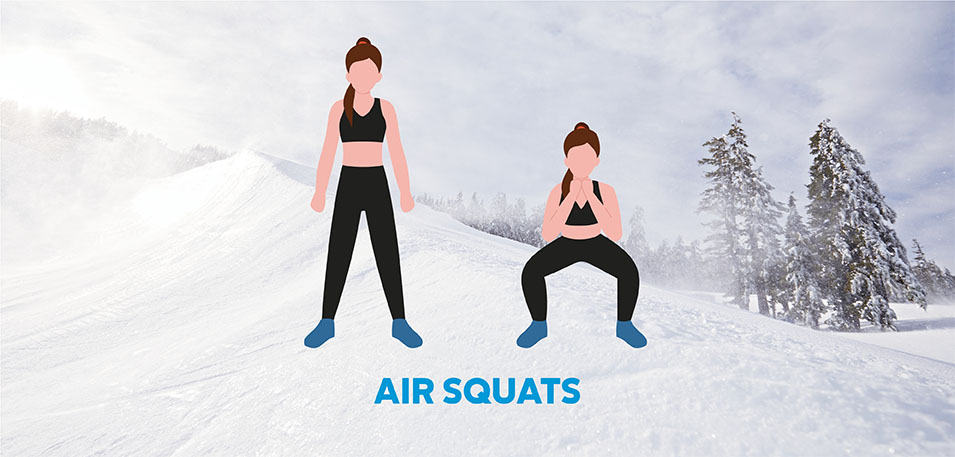 Illustration of woman doing air squats overlaid on snowy background. 