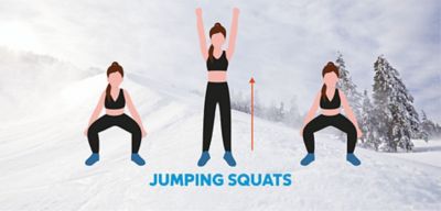 Illustration of woman doing jumping squats overlaid on snowy background. 