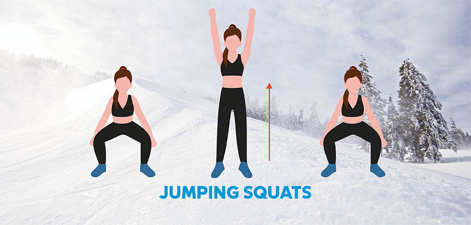 Illustration of woman doing jumping squats overlaid on snowy background. 