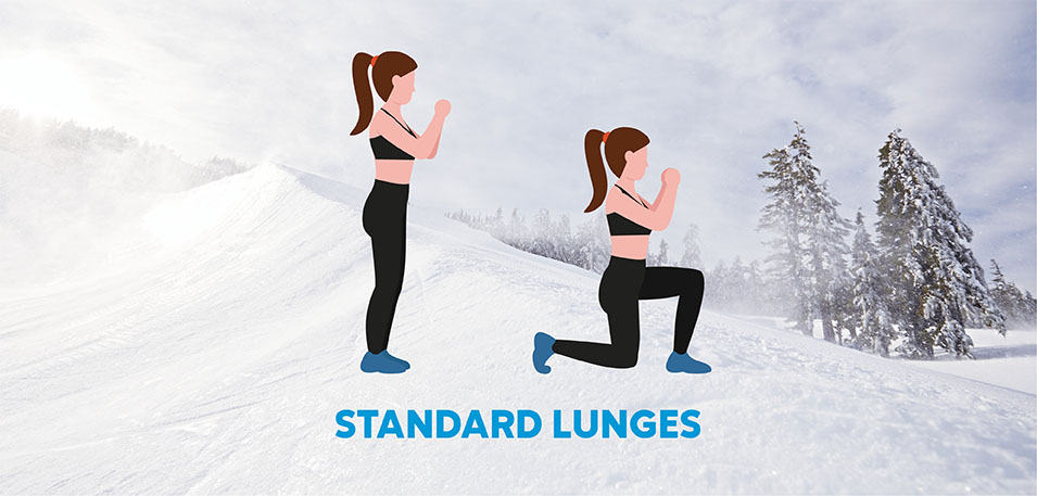 Illustration of woman doing standard lunges overlaid on snowy background. 