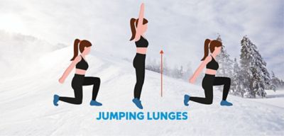 Illustration of woman doing jumping lunges overlaid on snowy background. 