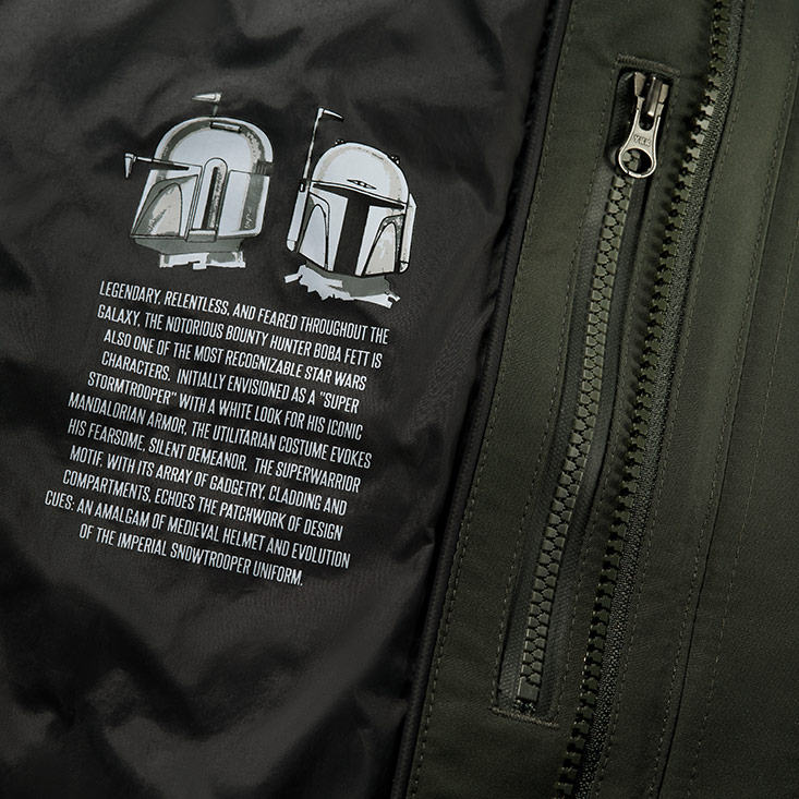 Close-up of an internal screen print and text on the Boba Fett Interchange Jacket 