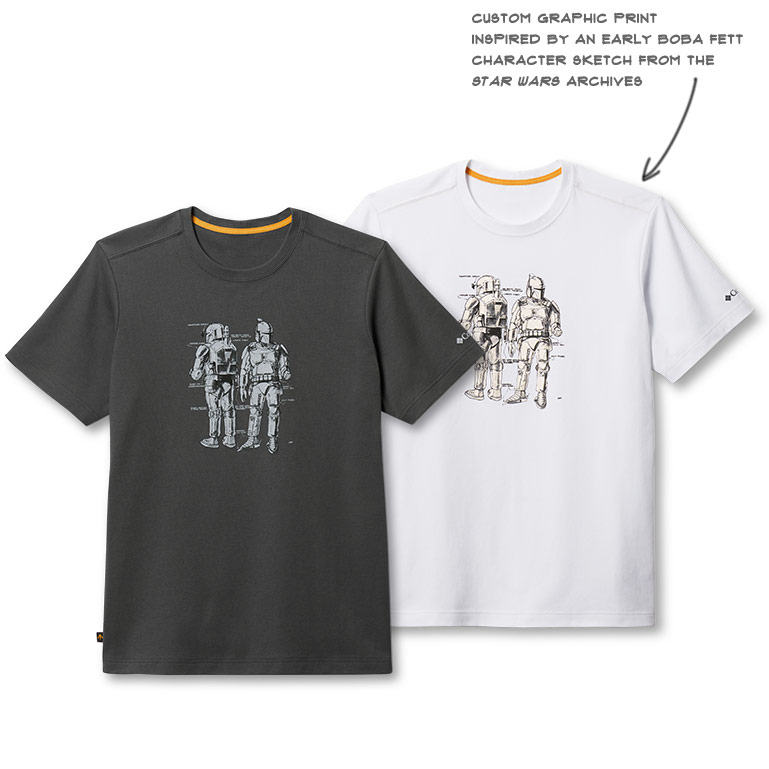 Close-up of the Boba Fett tee in gray and white versions with custom graphic on the front