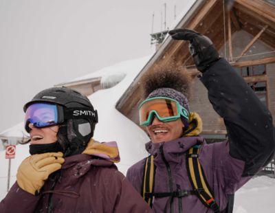 Coming out of the ski lodge.