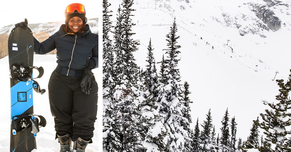 Sharifa Murdock with snow boarding gear in a winter scene.  On the right a mountain ski run.