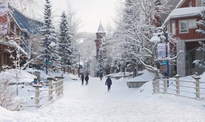Snowy ski village winter scene.
