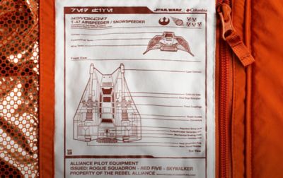 Close-up of a vehicle schematic inside a Skywalker Pilot lightweight jacket. 