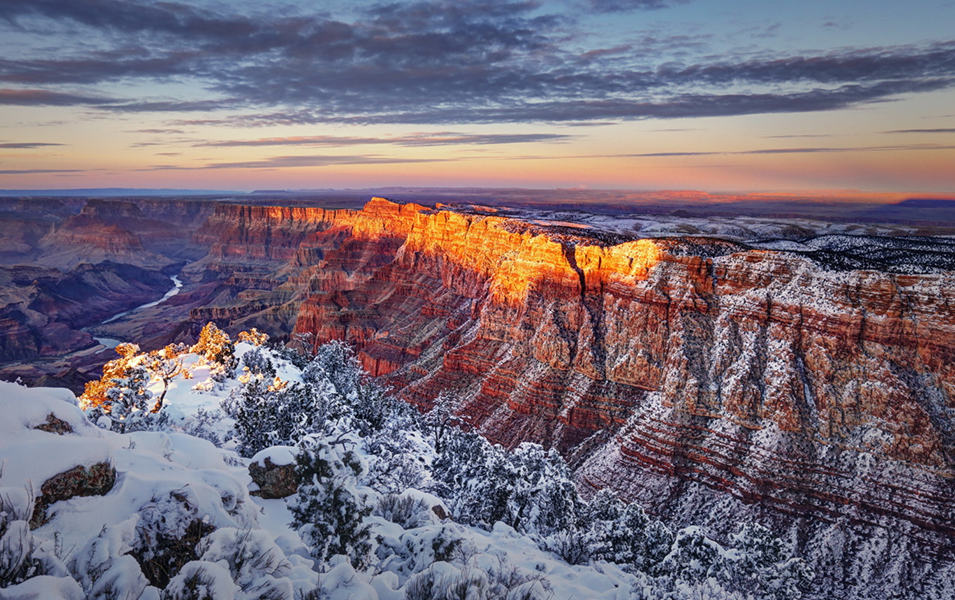 Few things are as majestic as the Grand Canyon National Park during the winter season when snow sprinkles the jagged rocks.