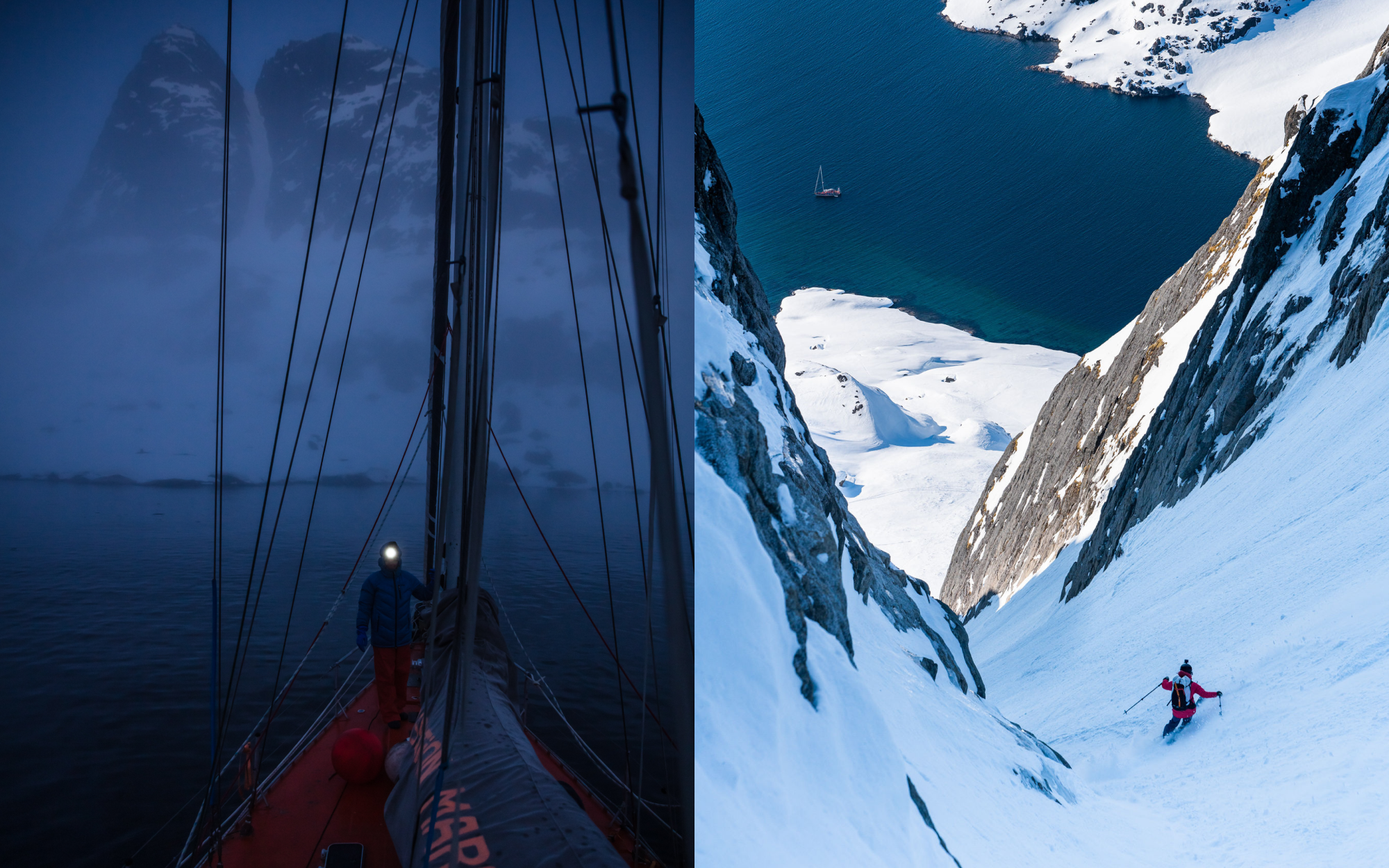 Side by side image of the sailboat at night alongside Rachael skiing down a carvass. 