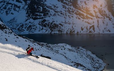 Rachael skiing off the fjords in Greenland.