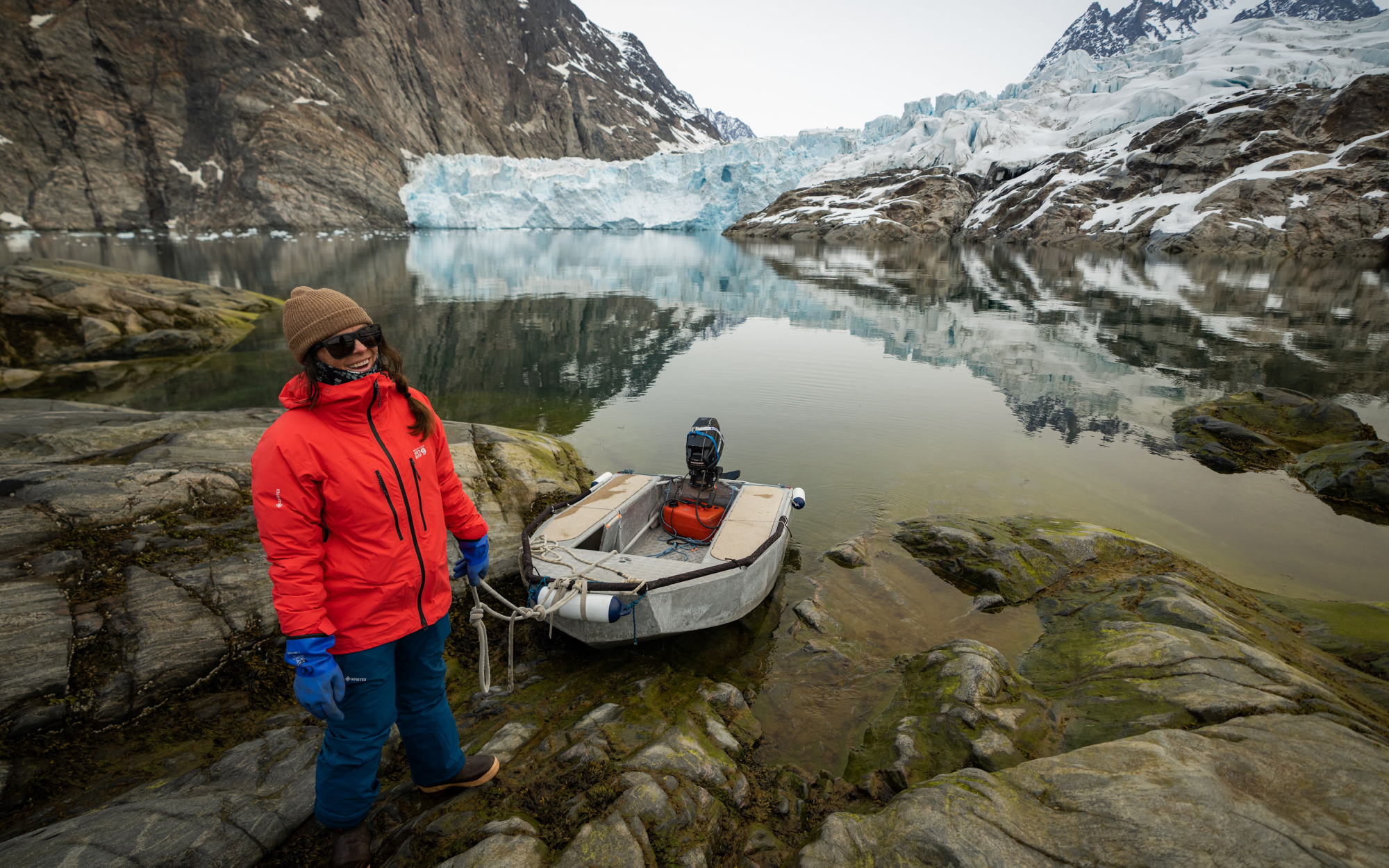 Rachael in front of the dingy in Greenland.
