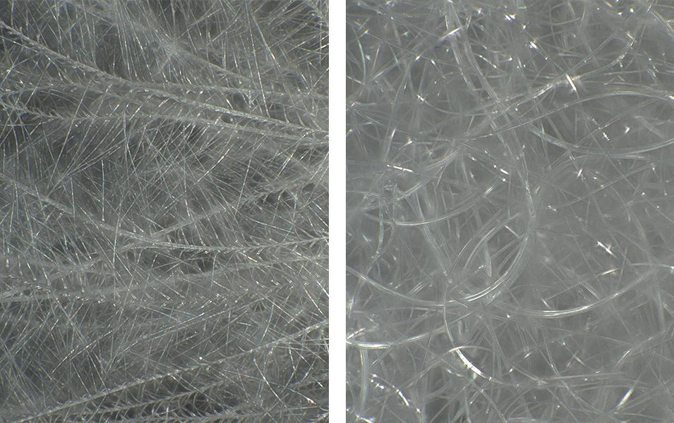 A pair of side-by-side images with gray backgrounds showing a close-up of synthetic insulation one one side and natural down on the other.