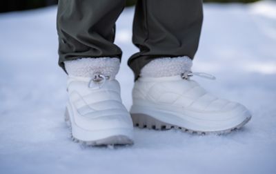 Close up of white insulated Columbia Sportswear winter boots, with a fleece collar.
