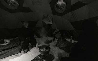 Dinnertime inside a snow-packed Stronghold; Daisuke and Keisuke await for their ramen to be ready while having drinks.
