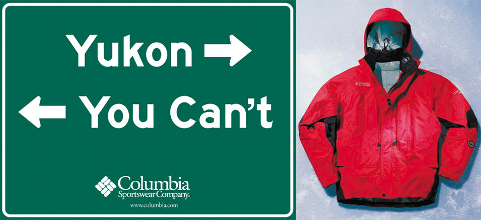 Green Yukon, you can't Columbia sign. Jacket on icy background.