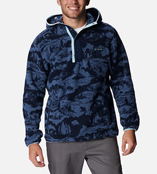 A man in a blue Columbia fleece hoodie.