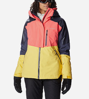 Woman in a colorful Columbia parka
