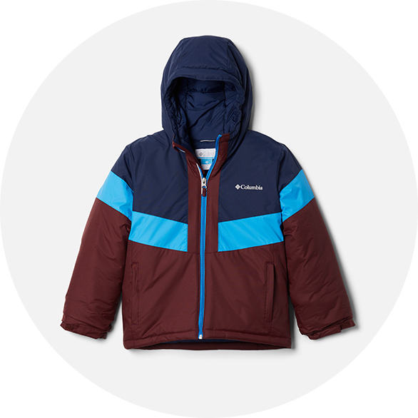 A blue and maroon colorblocked boys jacket.