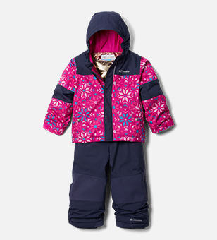 A pink and blue kids snow suit set