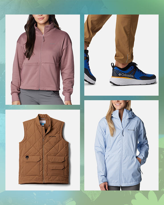 Assorted spring outdoor gear with shoes, vest, and jackets