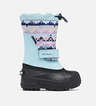 A blue patterned little kids snow boot.