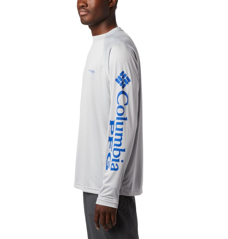 Men’s PFG Terminal Tackle Long Sleeve Shirt, Color: Cool Grey, Vivid Blue Logo, image 3