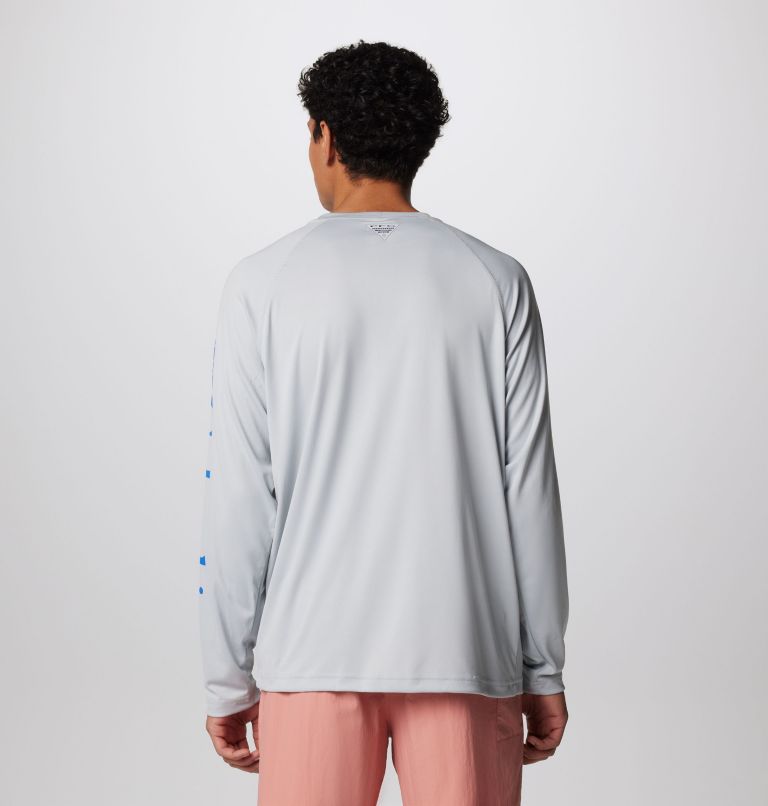 Men's PFG Terminal Tackle Long Sleeve Shirt, Color: Cool Grey, Vivid Blue Logo, image 2
