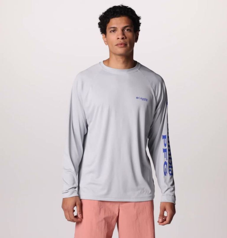 Men’s PFG Terminal Tackle Long Sleeve Shirt, Color: Cool Grey, Vivid Blue Logo