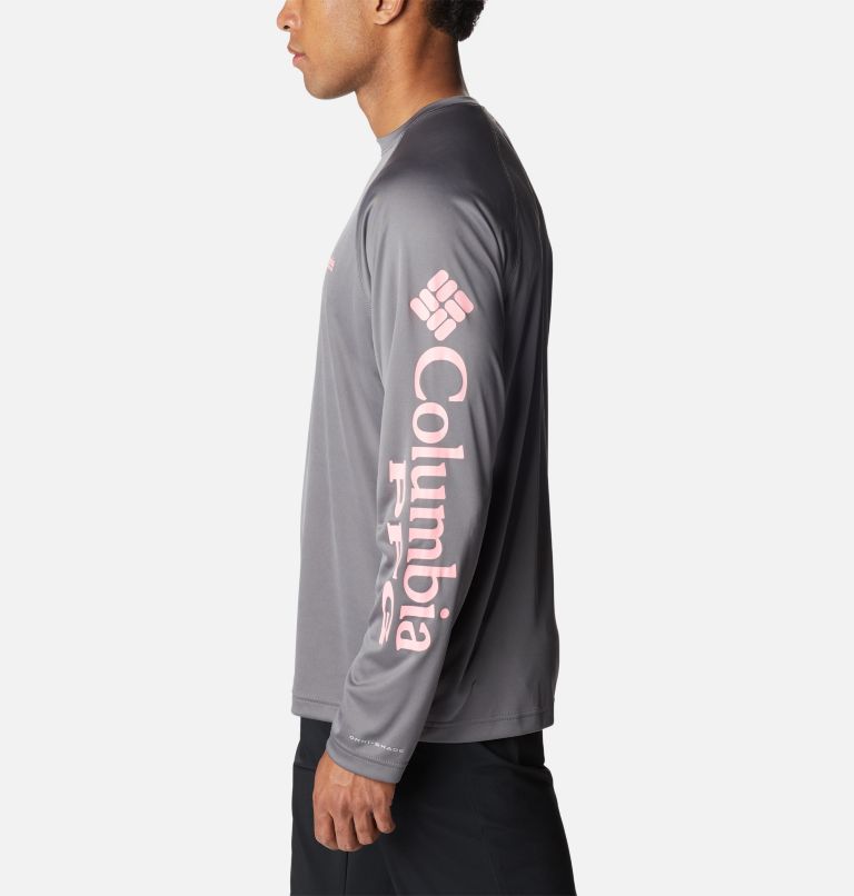 Thumbnail: Men’s PFG Terminal Tackle Long Sleeve Shirt, Color: City Grey, Pink Pop Logo, image 3