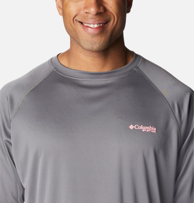 Men’s PFG Terminal Tackle Long Sleeve Shirt, Color: City Grey, Pink Pop Logo, image 4