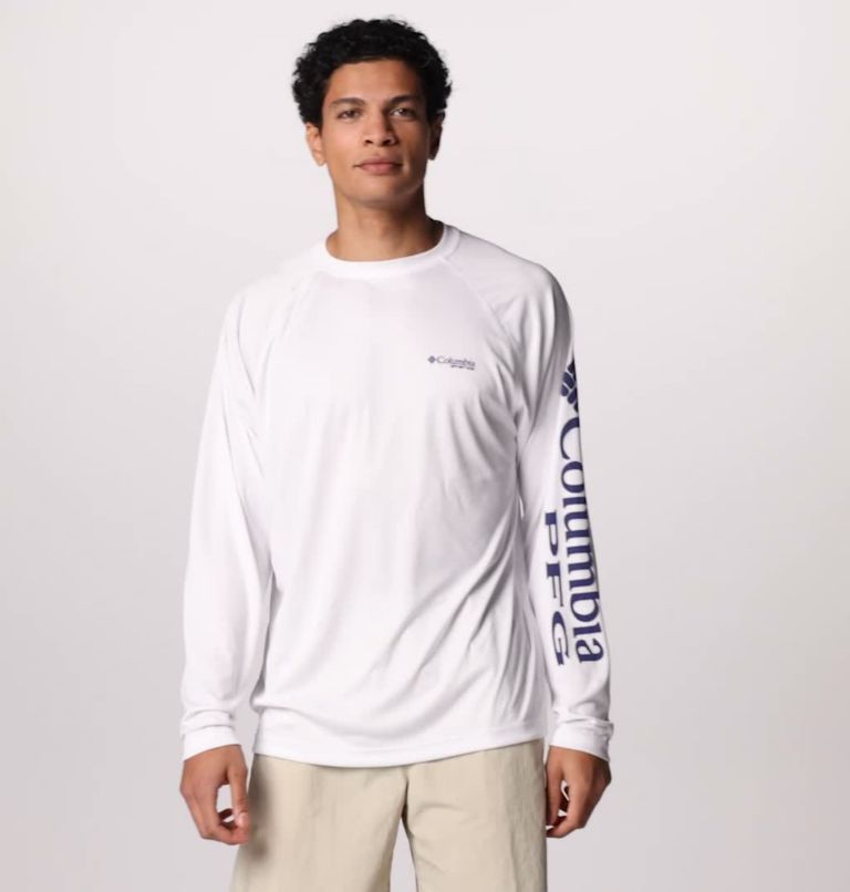 Men’s PFG Terminal Tackle Long Sleeve Shirt, Color: White, Nightshade Logo