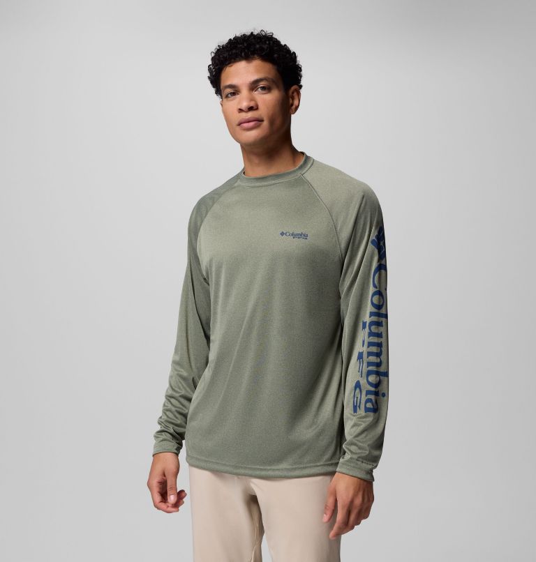 Men's PFG Terminal Tackle Long Sleeve Shirt, Color: Cypress Heather, Carbon Logo, image 1
