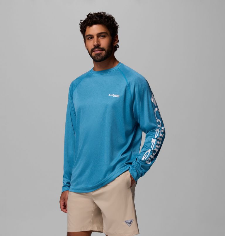 Men's PFG Terminal Tackle Long Sleeve Shirt, Color: Blue Echo Heather, White Logo, image 4
