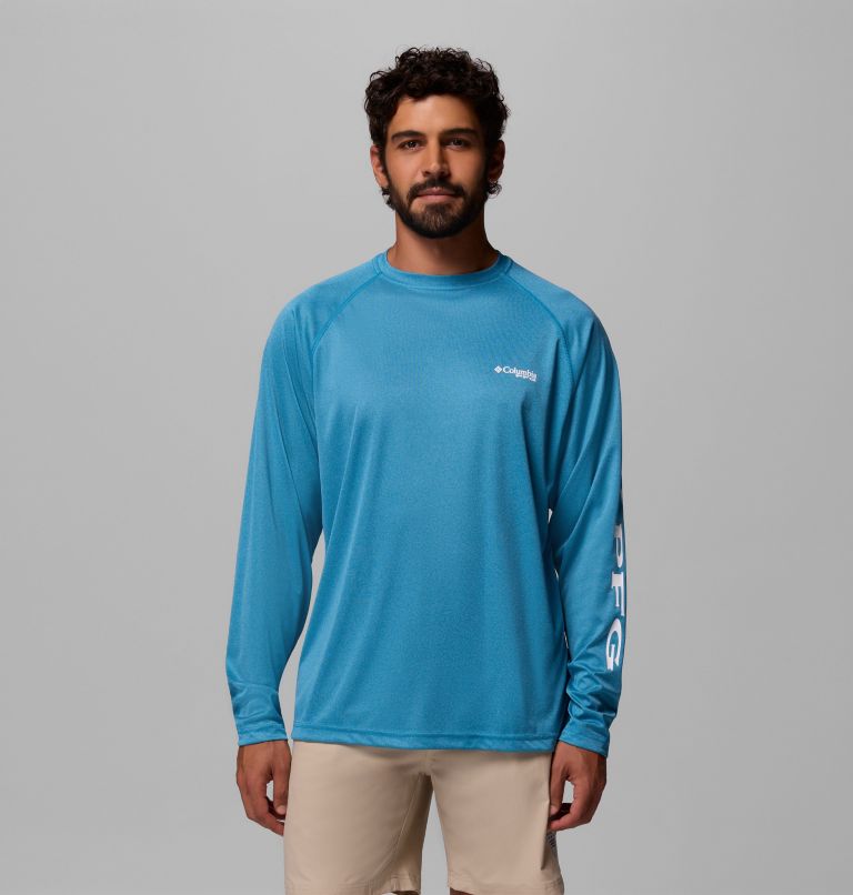Men's PFG Terminal Tackle Long Sleeve Shirt, Color: Blue Echo Heather, White Logo, image 1