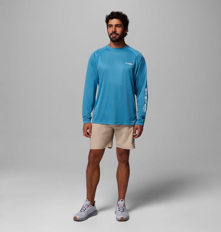 Men's PFG Terminal Tackle Long Sleeve Shirt, Color: Blue Echo Heather, White Logo, image 2