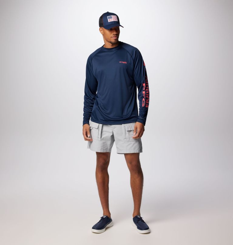 Men's PFG Terminal Tackle Long Sleeve Shirt, Color: Collegiate Navy, Sunset Red Logo, image 3