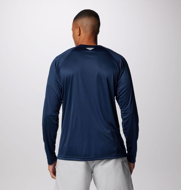 Men's PFG Terminal Tackle Long Sleeve Shirt, Color: Collegiate Navy, Sunset Red Logo, image 2