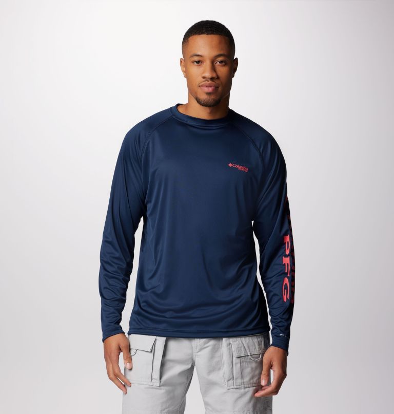 Men's PFG Terminal Tackle Long Sleeve Shirt, Color: Collegiate Navy, Sunset Red Logo, image 1