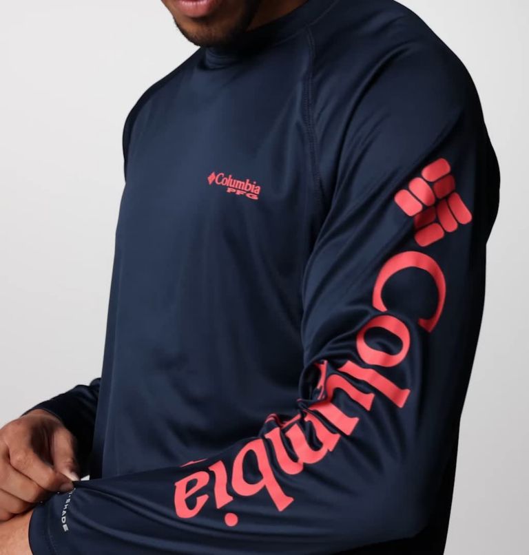 Men's PFG Terminal Tackle Long Sleeve Shirt, Color: Collegiate Navy, Sunset Red Logo